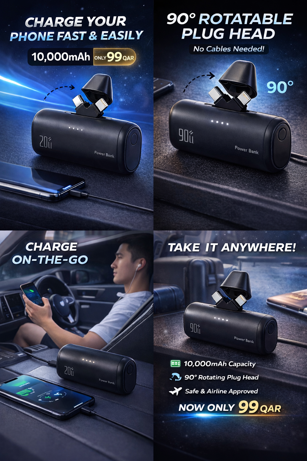 🔋 Power Bank 10,000mAh – 90° Rotating Plug Head
💥 Charge your phone easily wherever you go!