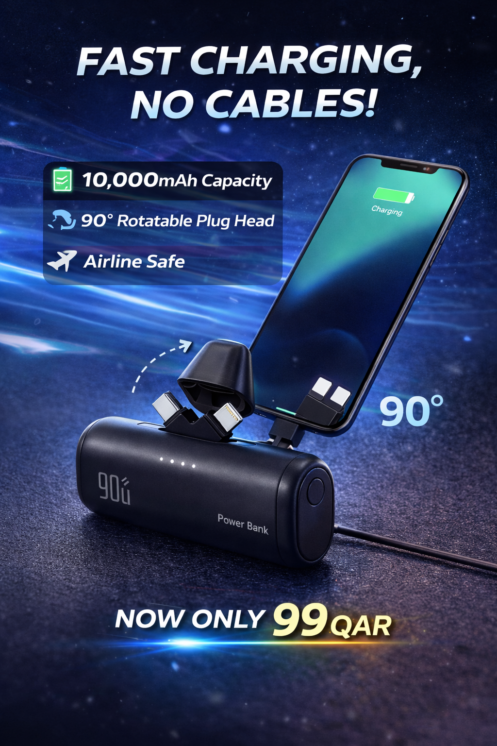 🔋 Power Bank 10,000mAh – 90° Rotating Plug Head
💥 Charge your phone easily wherever you go!