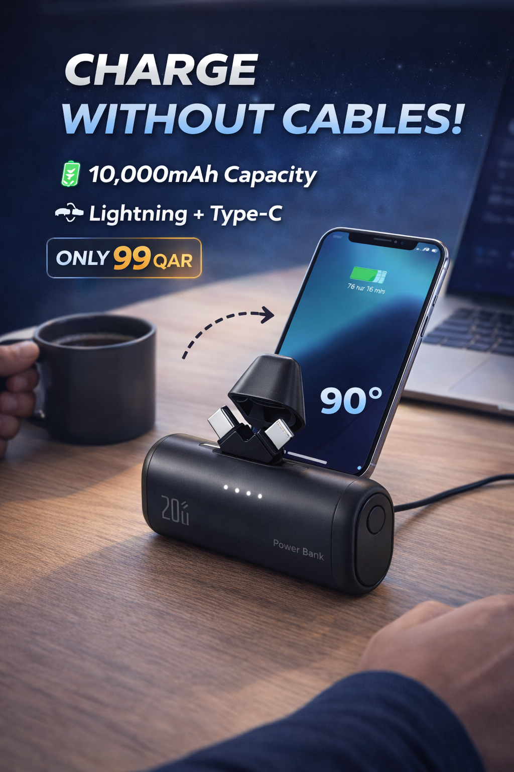 🔋 Power Bank 10,000mAh – 90° Rotating Plug Head
💥 Charge your phone easily wherever you go!